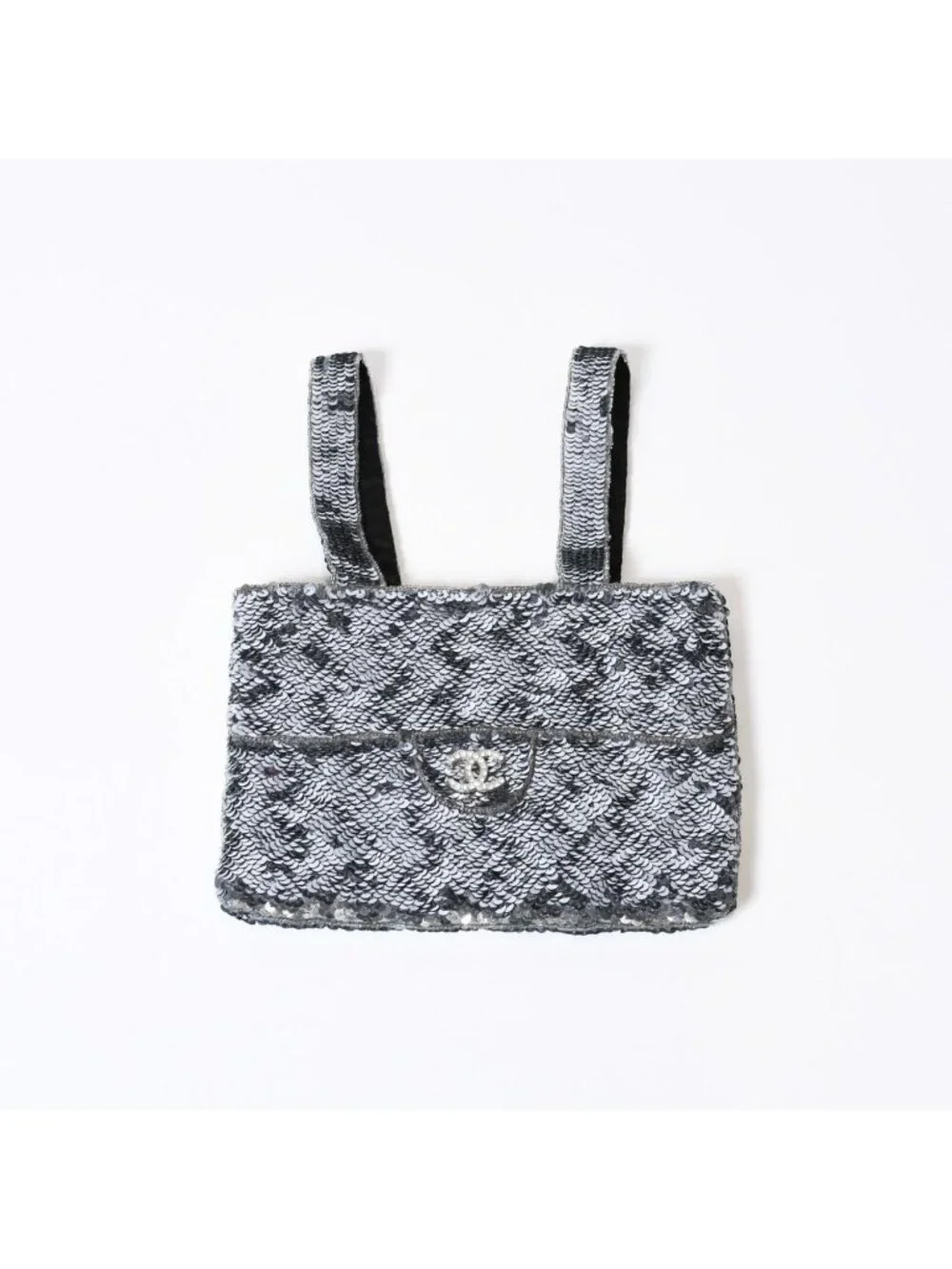 Chanel Sequin Handbag CC Logo Rhinestone Silver Clear